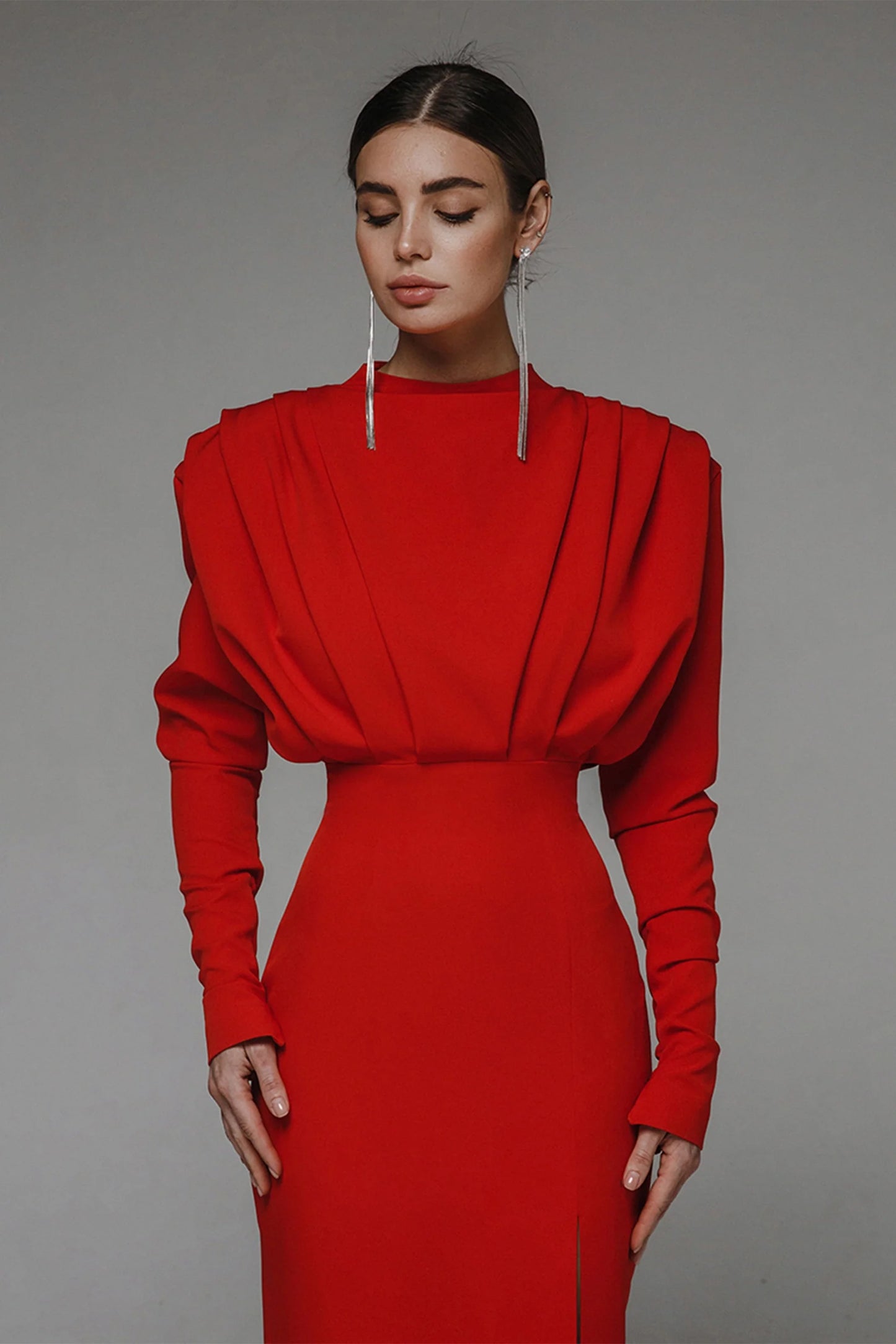 Solid High Split Long Sleeve Midi Dress