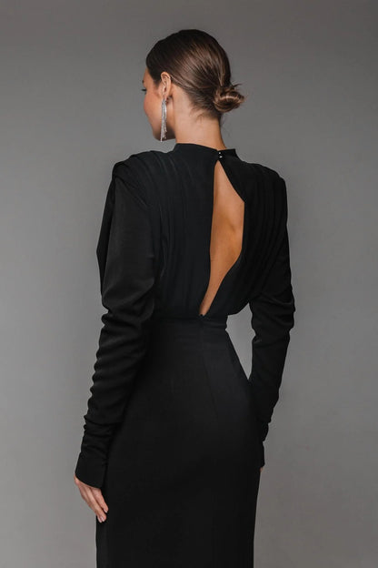 Solid High Split Long Sleeve Midi Dress