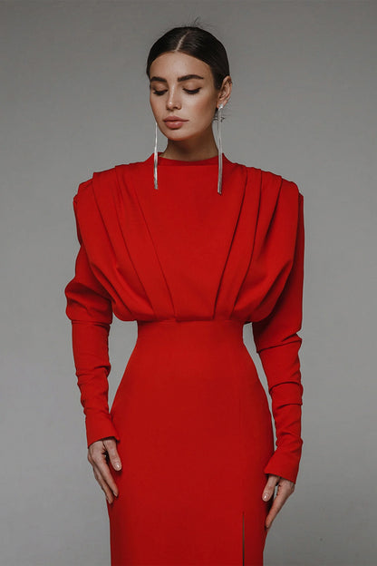 Solid High Split Long Sleeve Midi Dress